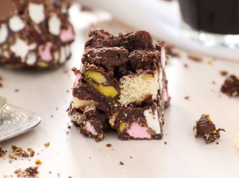 Sweet rocky road chocolate and marshmallow ready to eat.