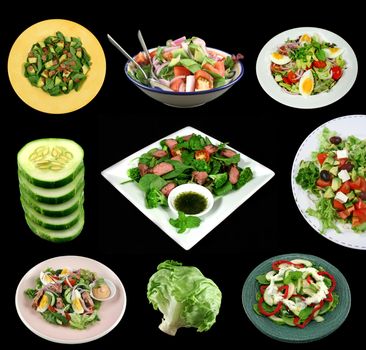 A selection of fresh salads and ingredients on a black background.
