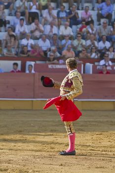 The Spanish Bullfighter Jose Luis Moreno provides to the public at the beginning of the Bullfight in the Bullring of the Pozoblanco, Spain, 5 september 2010