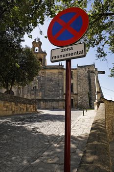 Prohibition sign of prohibited parking near the church of the Reales Alc�zares, Ubeda, Jaen province, Andalucia, Spain