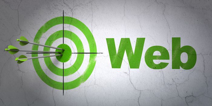 Success web development concept: arrows hitting the center of target, Green Web on wall background, 3d render