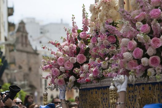 Detail of floral ornamentation on a throne of Holy week, linares, Jaen province, Andalusia, Spain