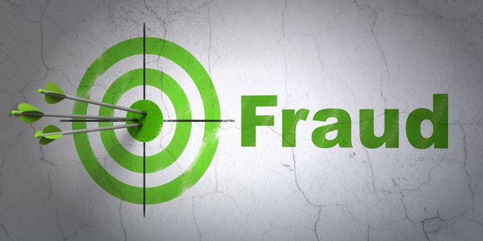 Success privacy concept: arrows hitting the center of target, Green Fraud on wall background, 3d render