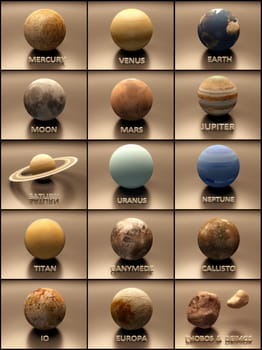 An artisic stylized Image of the Planets and some Moons of our Solar System with captions.