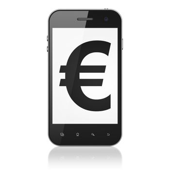 Currency concept: smartphone with Euro icon on display. Mobile smart phone on White background, cell phone 3d render