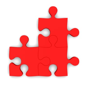 Red puzzle pieces connected isolated on white background, concept of solution