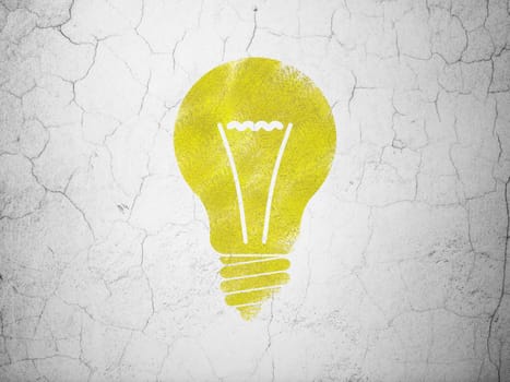 Business concept: Yellow Light Bulb on textured concrete wall background, 3d render
