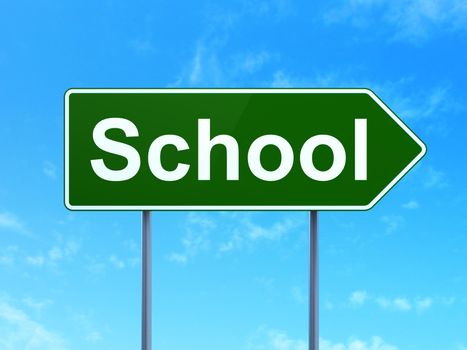 Education concept: School on green road (highway) sign, clear blue sky background, 3d render