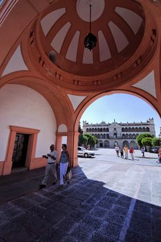 Building of posts and telegraphs in the plaza of Spain, to fund the building of the Town Hall, Andujar, Jaen province, Andalusia, Spain