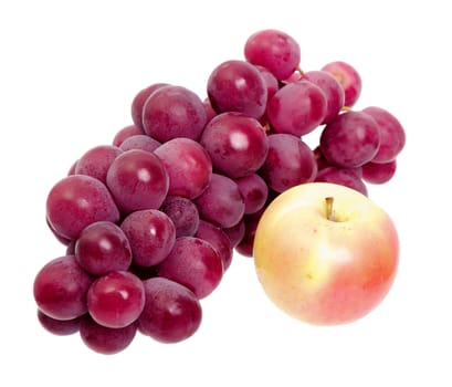 bunch of red grapes and apple isolated on white background