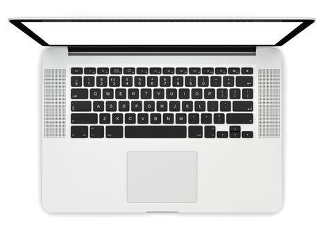 Laptop computer blank white screen isolated on white background viewed from top
