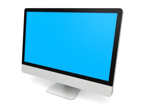 Modern desktop computer with blue screen isolated on white background