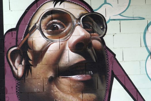 Graffiti of a young man with glasses smiling painted with bright colors on a wall, Andalucia, Spain
