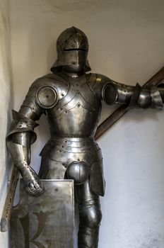 Medieval knight armour with shield in the Old Town of Prague. 