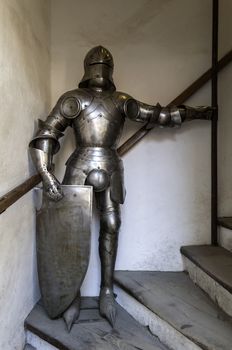 Medieval knight armour with shield in the Old Town of Prague. 