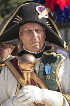 French soldier with sceptre gold during the Representation of the Battle of Bailen, Bailen  Jaen province, Andalusia, Spain