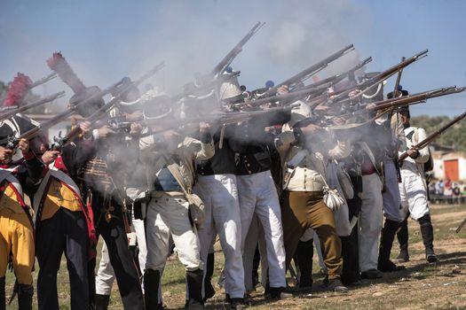 Soldiers firing on the enemy in Representation of the Battle of Bailen, Bailen  Jaen province, Andalusia, Spain