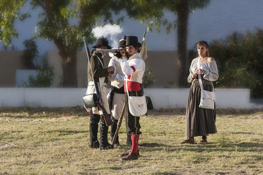 Republican soldiers practice shooting during the Representation of the Battle of Bailen, Bailen  Jaen province, Andalusia, Spain