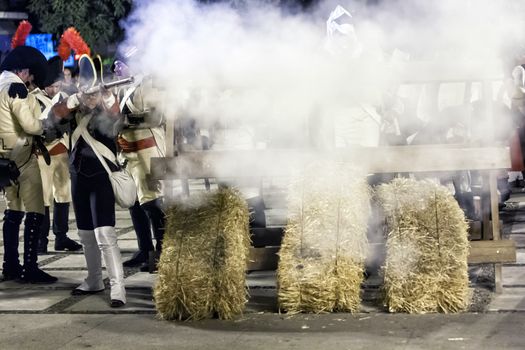 French soldiers firing from a barricade during the Representation of the Battle of Bailen, Bailen  Jaen province, Andalusia, Spain