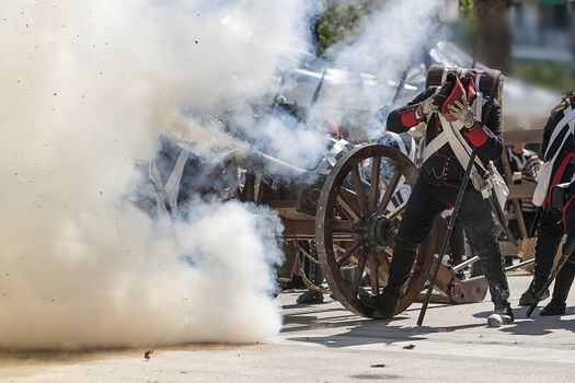 Soldiers firing at the enemy in Representation of the Battle of Bailen, Bailen  Jaen province, Andalusia, Spain