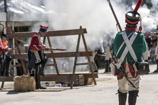 French soldiers firing from a barricade during the Representation of the Battle of Bailen, Bailen  Jaen province, Andalusia, Spain