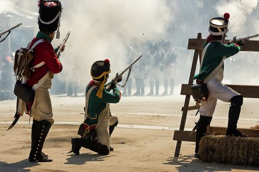 French soldiers firing from a barricade during the Representation of the Battle of Bailen, Bailen  Jaen province, Andalusia, Spain