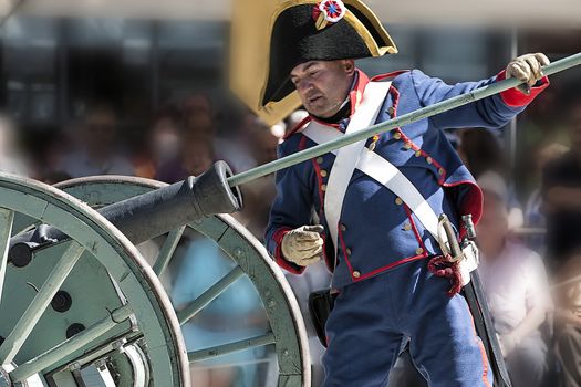 French Soldier charging a fee during the Representation of the Battle of Bailen, Bailen  Jaen province, Andalusia, Spain