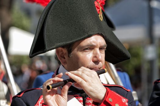 French Soldier playing the piccolo during Representation of the Battle of Bailen, Bailen  Jaen province, Andalusia, Spain