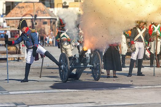 French troops firing cannon on the battlefield during the Representation of the Battle of Bailen, Bailen  Jaen province, Andalusia, Spain