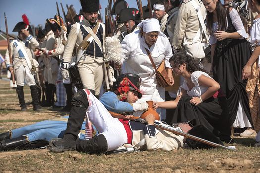 French soldier wounded on the battlefield during Representation of the Battle of Bailen, Bailen  Jaen province, Andalusia, Spain