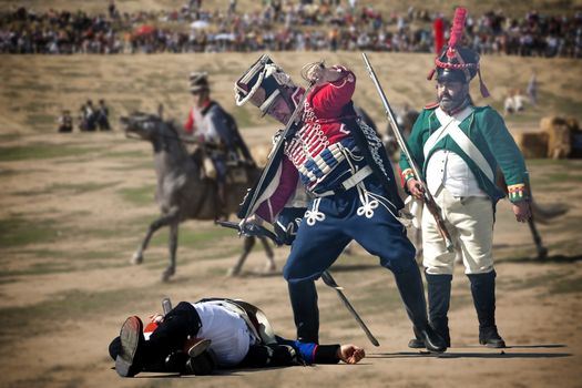 French Soldier attacking enemy soldier during Representation of the Battle of Bailen, Bailen  Jaen province, Andalusia, Spain