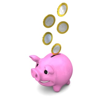Euro coins falling into ceramic piggy bank, concept of savings and investments, isolated on white background