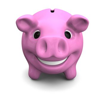 Happy pink piggy bank, concept of savings and investments, isolated on white background