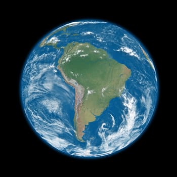 South America on blue planet Earth isolated on black background. Elements of this image furnished by NASA.