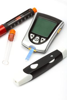 Diabetes equipment, Insulin pen and glucose level blood test 