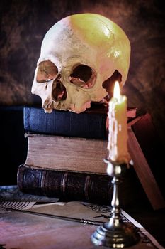  human skull and an old book. search of knowledge concept 