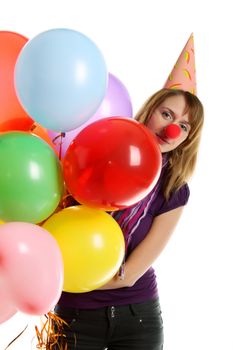 Girl with colored baloons isolated on the white