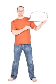 Young man holds a blank card isolated at the white background