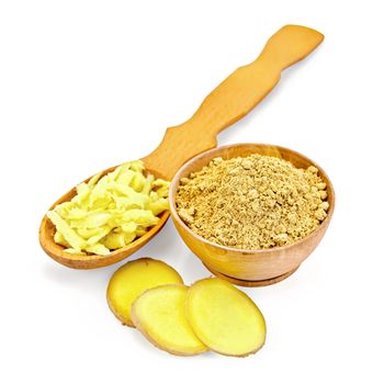 Wooden bowl with powder and a wooden spoon with grated ginger, cloves ginger root isolated on white background