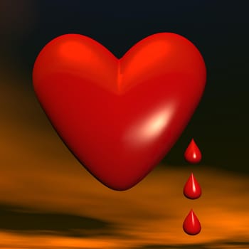Big red heart with three little drops aside in dark background