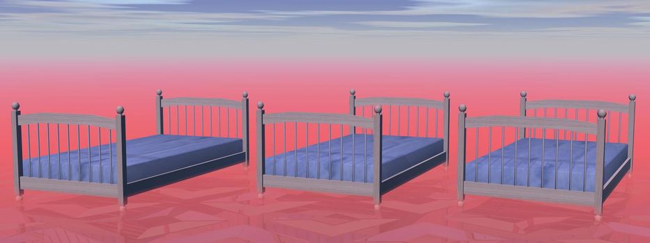 Three simple beds for one person in red cloudy background