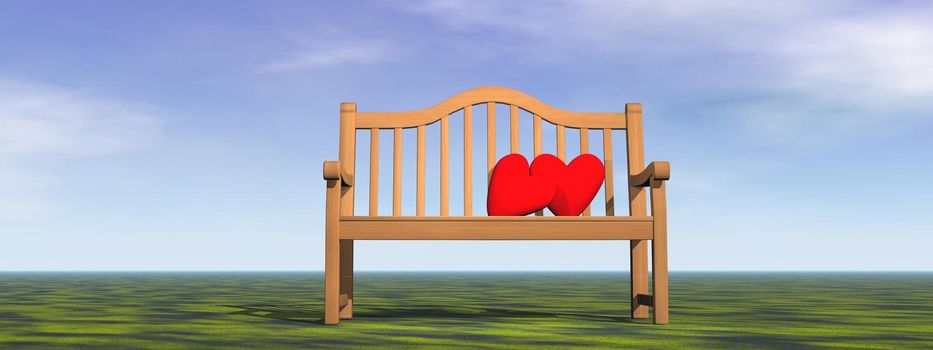 Tow red hearts for a couple on one bench alone in nature by daylight