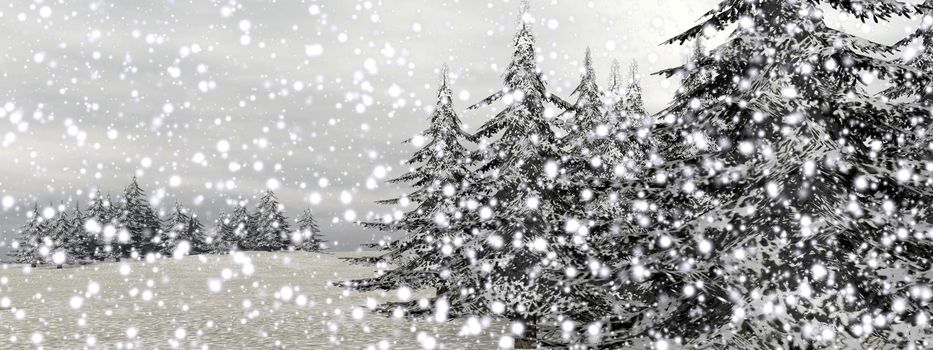 Winter landscape with falling snow covering mountains and fir trees