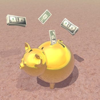 Golden piggy bank with dollar bills in brown background