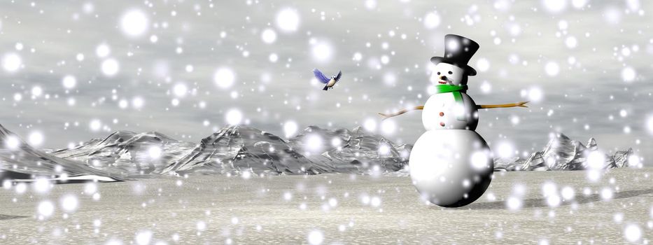 One snowman standing in a winter landscape with falling snow covering mountains and fir trees by sunset light