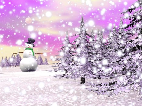 One snowman standing in a winter landscape with falling snow covering mountains and fir trees by sunset light