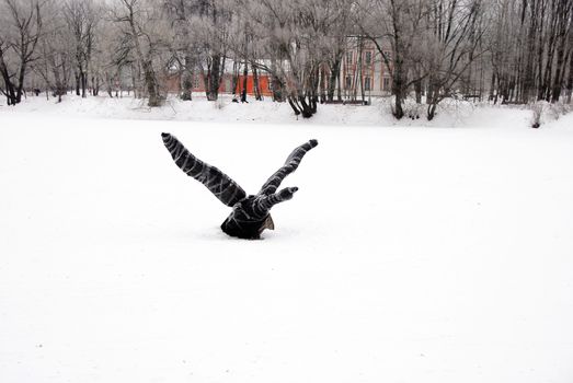 winter lake with black wrapped bird sculpture outdoor at snow during wintertime in moscow