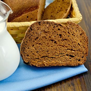 Hunk of homemade rye bread, wicker basket with bread on a blue napkin on a wooden boards background