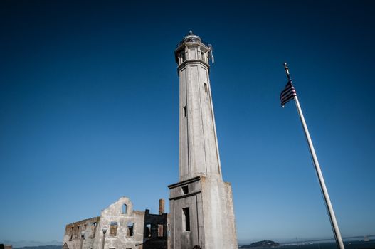 Alcatraz Island in San Francisco, USA, with US Flag