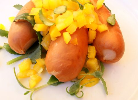 Hot dogs and salad on white background is insulated